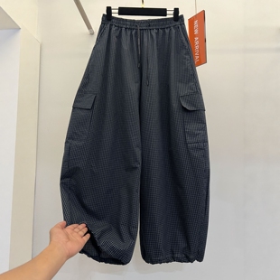 欧韩高端复古格纹弯刀工装休闲裤女夏季新款显瘦宽松抽绳阔腿裤子
