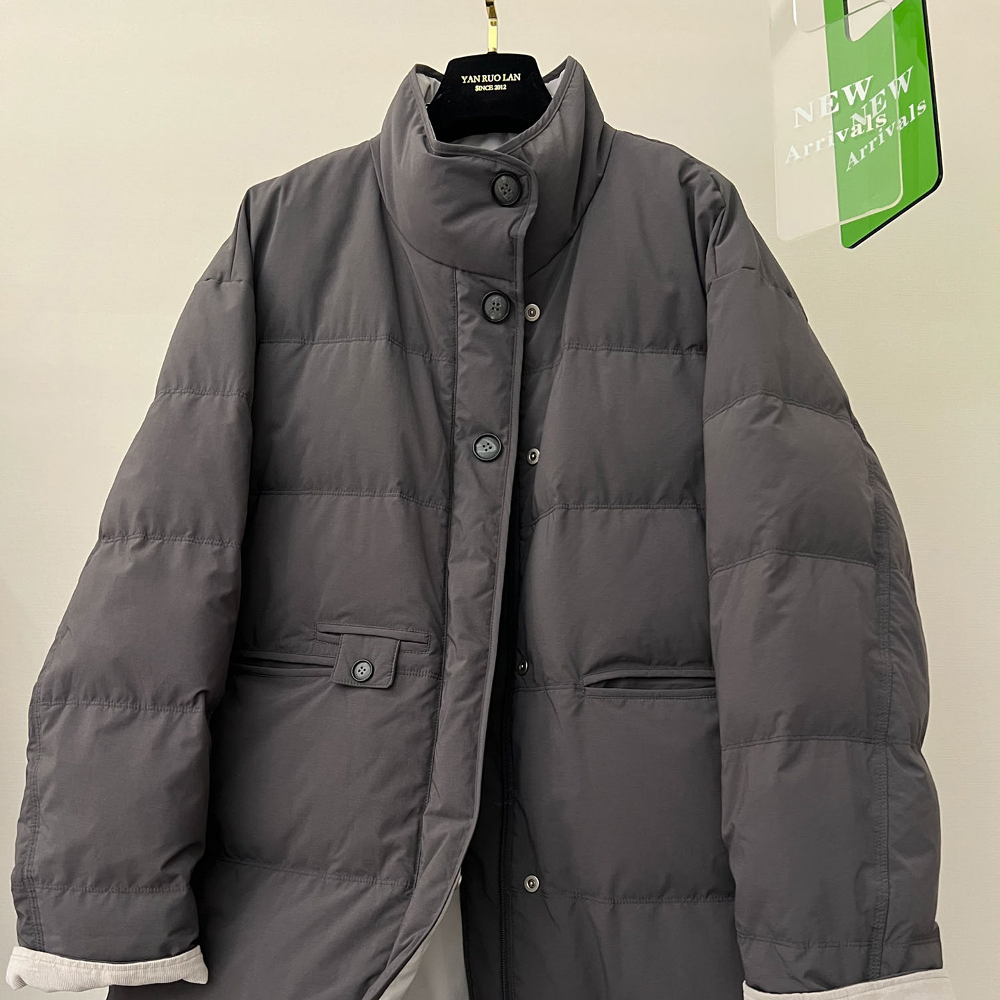 欧货高端立领撞色中长款90白鸭绒夹克外套女冬保暖加厚灰色羽绒服