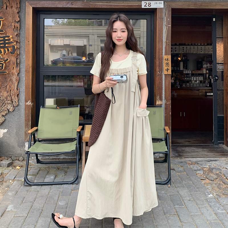 法式轻奢高级感气质T恤背带连衣裙女2025夏新款宽松显瘦长裙套装