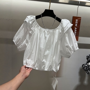 欧韩高端简约短款时髦一字领短袖衬衫女夏季薄款减龄洋气小衫上衣