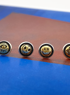 不拘925纯银日韩耳钉笑脸骷髅头六芒星耳饰复古男女个性耳丁单只