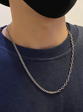 不拘 925纯银古巴链拼接男生项链日韩嘻哈小众个性调节锁骨链银饰