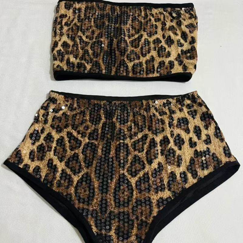欧美风夜店酒吧辣妹亮片渐变豹纹钢管爵士heels舞蹈短裤裏胸套装