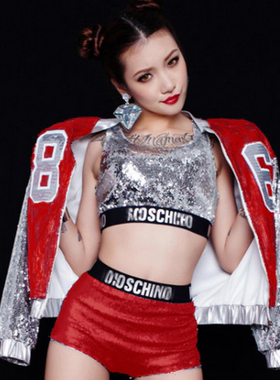 新款夜店酒吧爵士舞嘻哈街舞演出服DSDJ女歌手大气字母亮片三件套