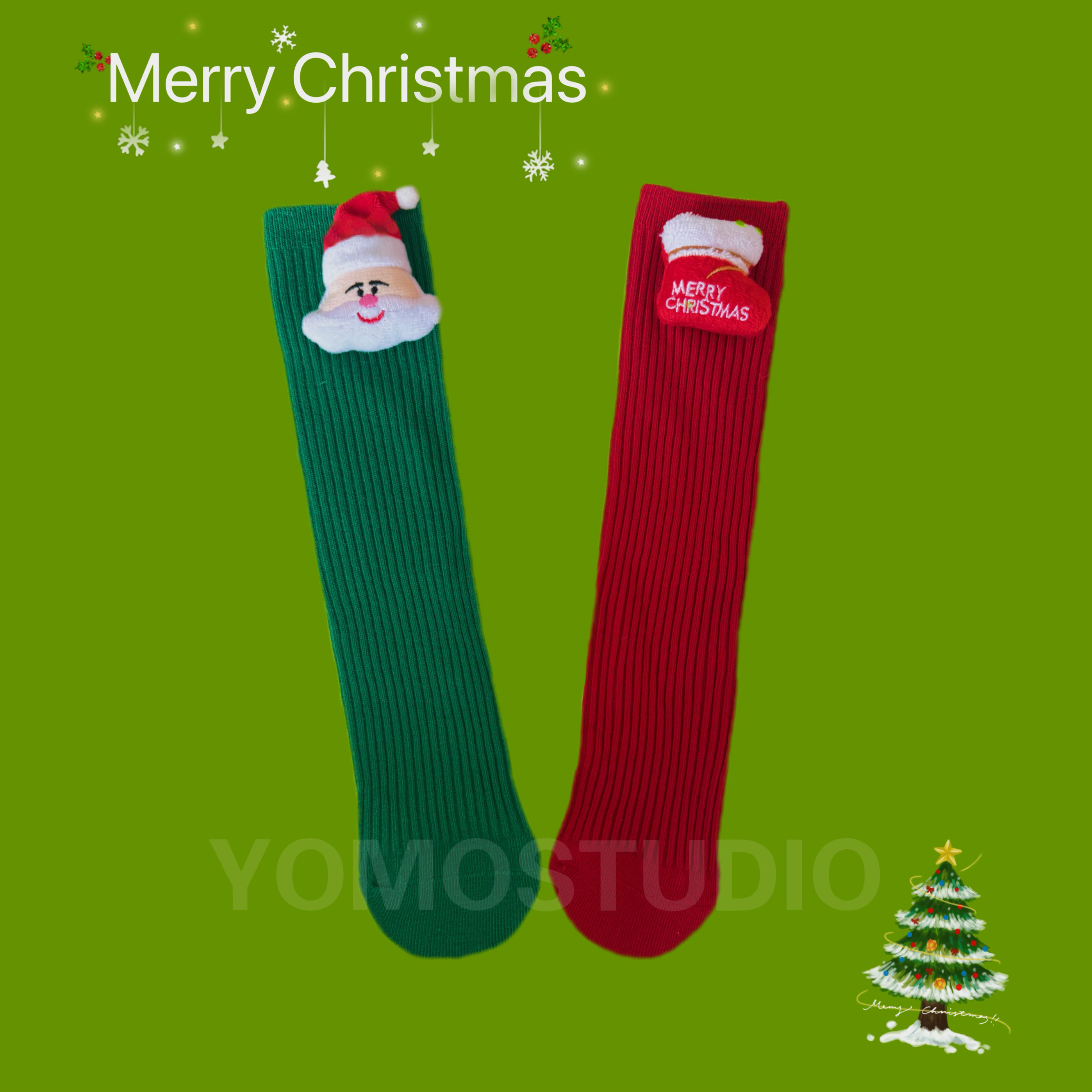 YOMOSTUDIO/儿童走秀圣诞袜子可爱卡通堆堆袜亲子成人新年红色袜