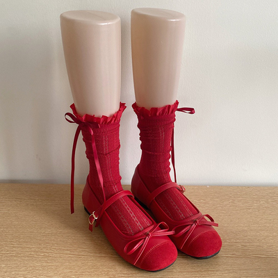 春夏芭蕾风竖纹镂空花边中筒袜