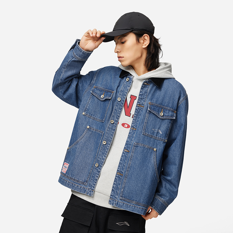 LI-NING/李宁男子滑板系列宽松休闲运动水洗牛仔外套AJDU071-B品