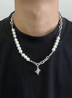 钛钢双子星珍珠项链男冷淡风轻奢潮嘻哈朋克小众高级感配饰锁骨链