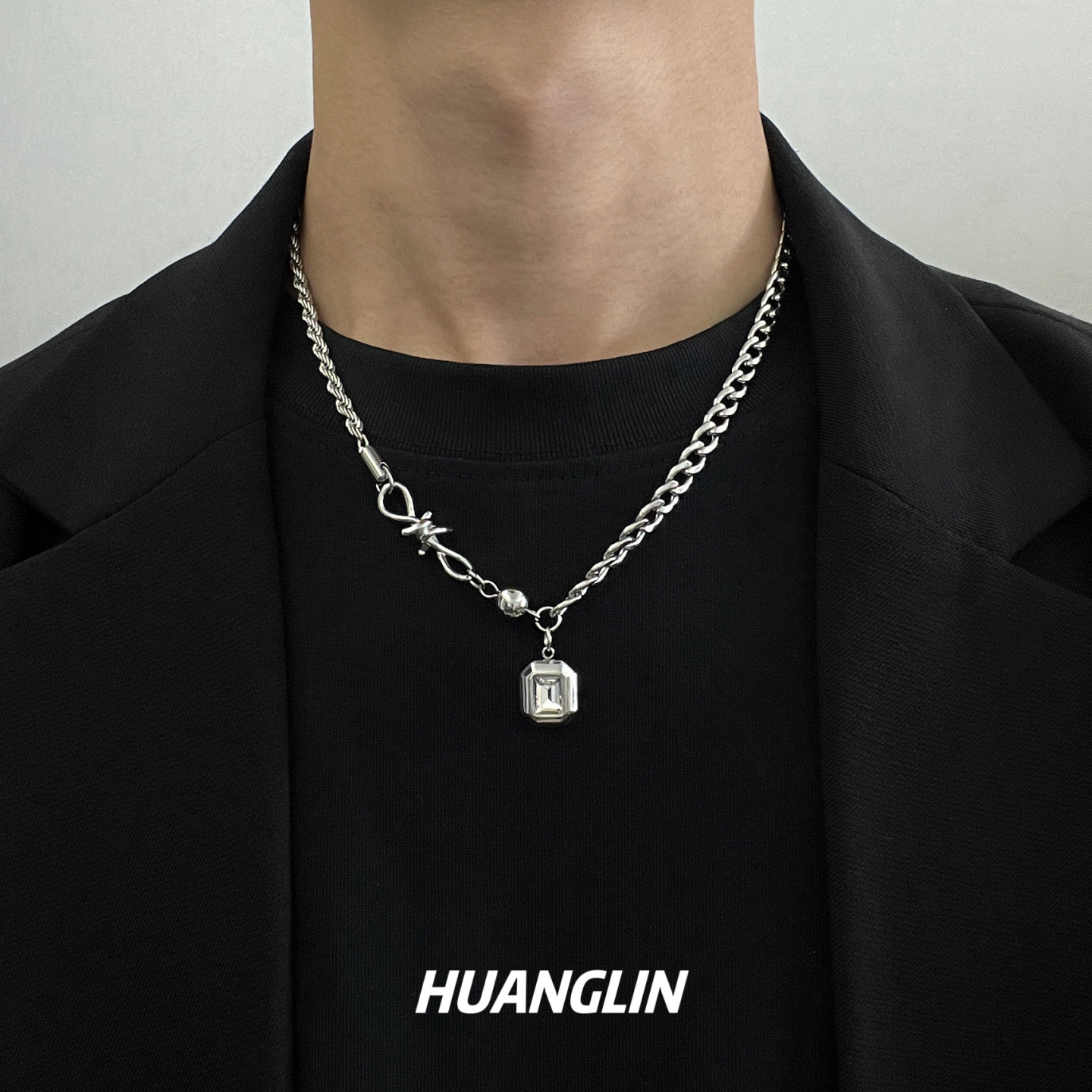 百搭男士不锈钢方格冰糖项链男款麻花链条金属质感个性潮流女饰品