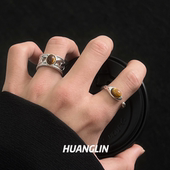 虎眼石戒指男女小众设计复古开口食指戒轻奢个性 高级感轻奢指环潮