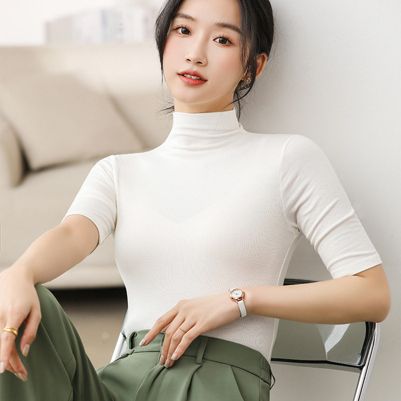 半高领短袖t恤女士春夏秋2026新款修身五分半袖纯欲正肩白色上衣