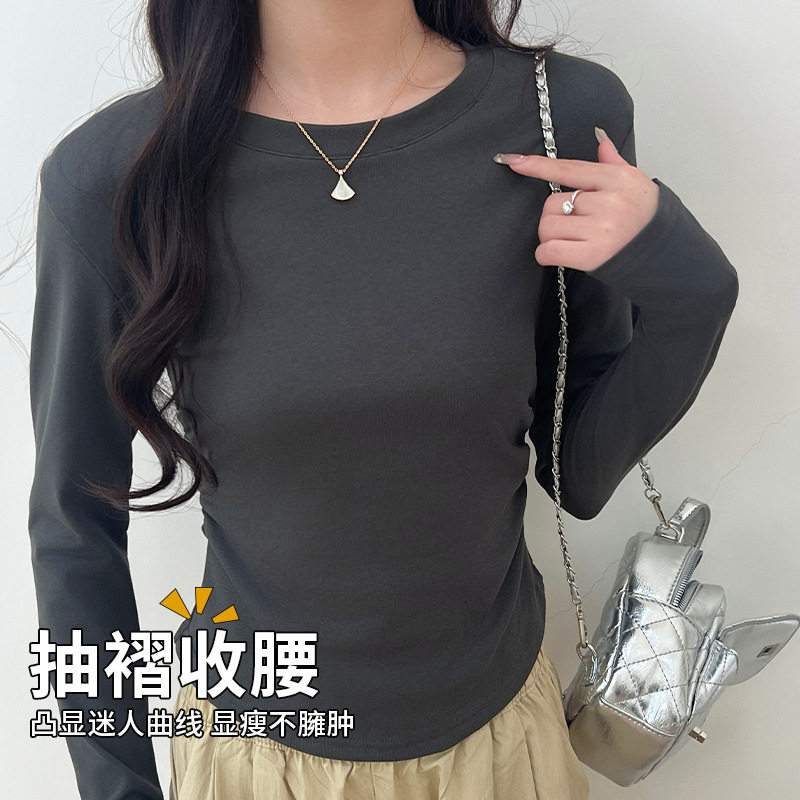 打皱打底衫女秋冬季新款内搭修身显瘦百搭长袖上衣圆领少女T恤衫