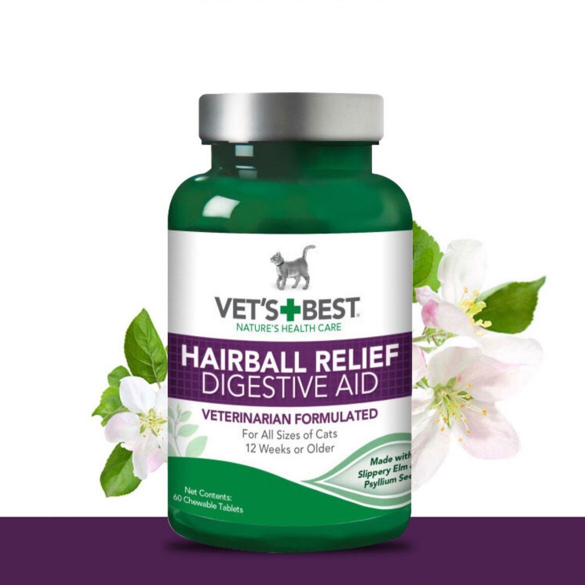 啊呜 美国进口vets best绿十字猫草片60片化毛排毛球助消化毛球症