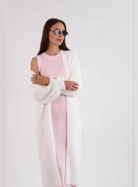 高级感白色仿水貂绒中长款针织开衫女秋冬慵懒风软糯毛衣外套大衣