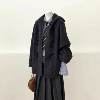 牛角扣连帽呢子大衣女202