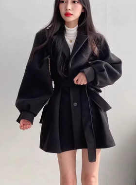 黑色收腰毛呢外套女小个子短款2025春秋高级感韩版小香风呢子大衣
