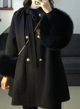 金扣蝴蝶结黑色呢子大衣女秋冬款今年流行富家千金高级感毛呢外套