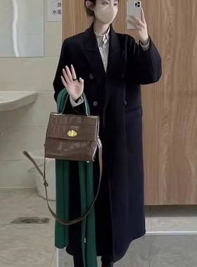 黑色毛呢大衣外套女2025秋冬新款韩版双排扣长款赫本风呢子大衣女