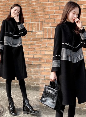 反季清仓黑色毛呢外套女中长款2025秋冬新款千鸟格赫本呢子大衣
