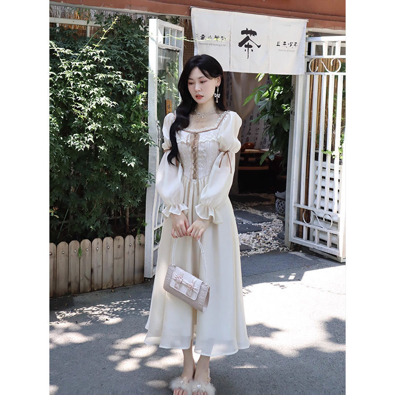 法式复古宫廷风连衣裙女2024新款秋季高级感气质收腰显瘦仙女长裙