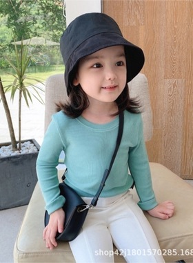 女童春秋新款莫代尔棉长袖圆领T恤纯色薄款内搭宝宝白色打底衫潮