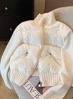 白色立领拼接针织棉服外套秋冬女2024小众设计感时尚百搭夹棉棉衣