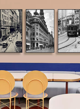 复古怀旧餐馆饭店装饰画留声机咖啡馆壁画老上海建筑风景黑白挂画