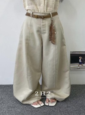 十三行2H2 新疆棉高腰宽松弯刀阔腿裤女 夏季松弛老钱风休闲长裤