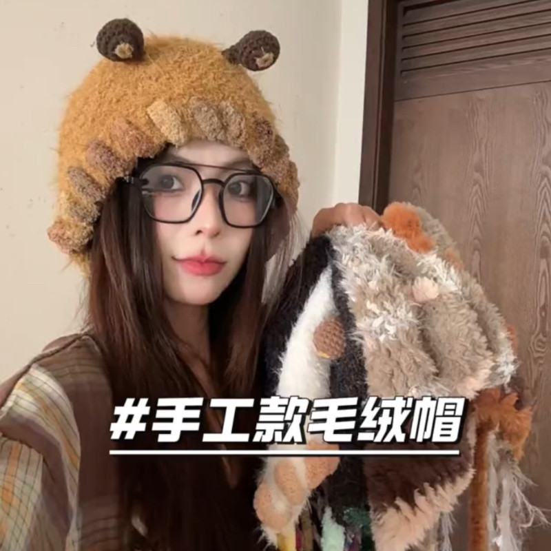 秋冬新款可爱搞怪系列手工针织帽子女包头帽个性小怪兽绑带护耳帽