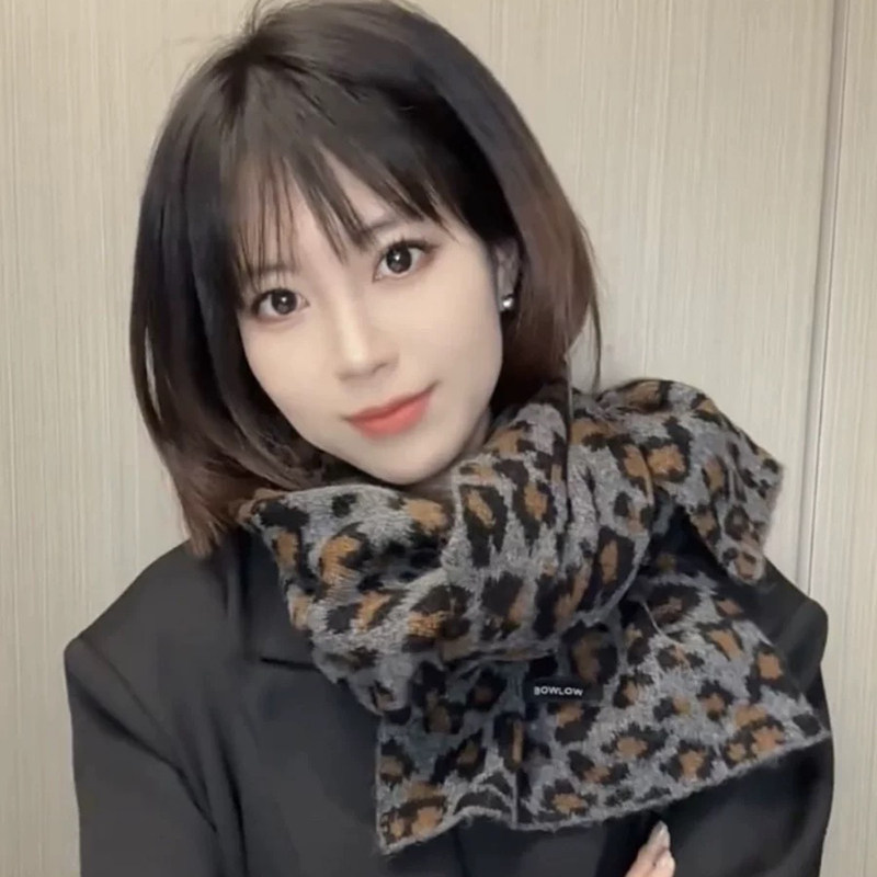 韩版时尚豹纹针织围巾秋冬新款女
