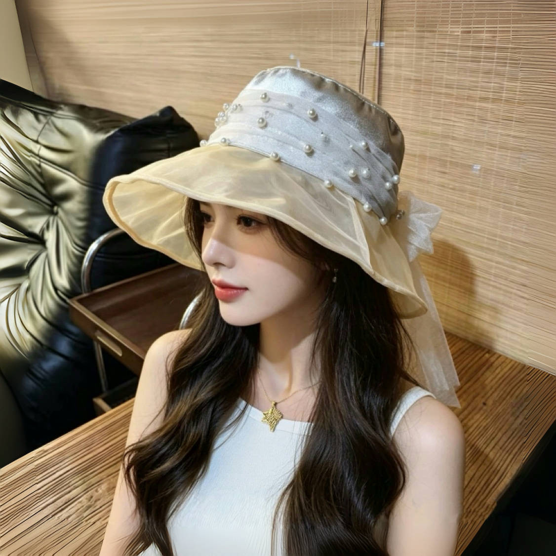 法式复古珍珠网纱蝴蝶结渔夫帽女