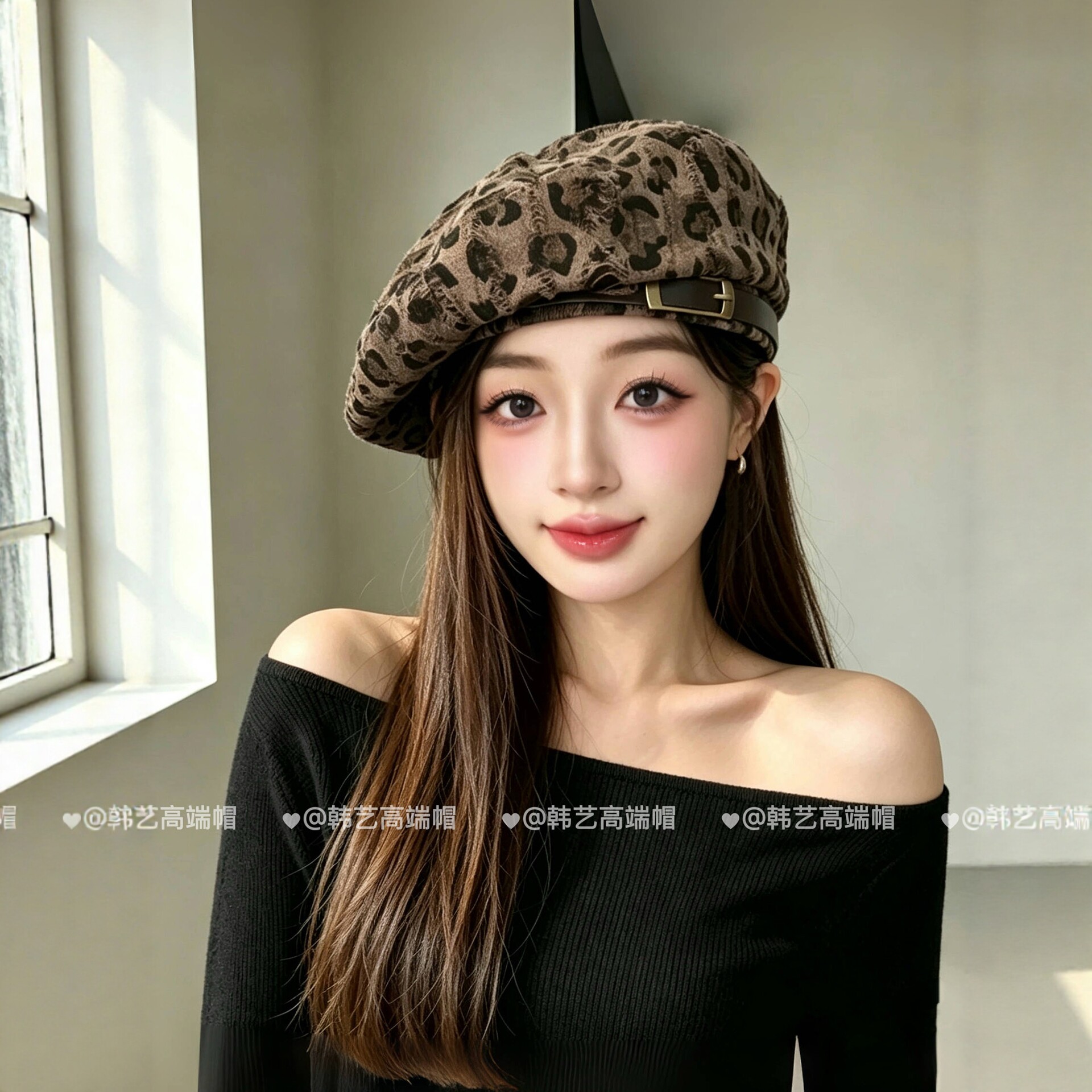 韩系豹纹破洞贝雷帽子女秋冬百搭