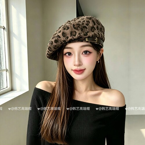 韩系豹纹破洞贝雷帽子女秋冬百搭