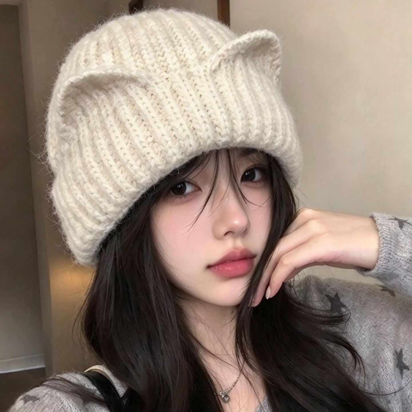 2026秋冬新款猫耳朵针织帽子女甜美可爱保暖护耳包头帽大头围冷帽