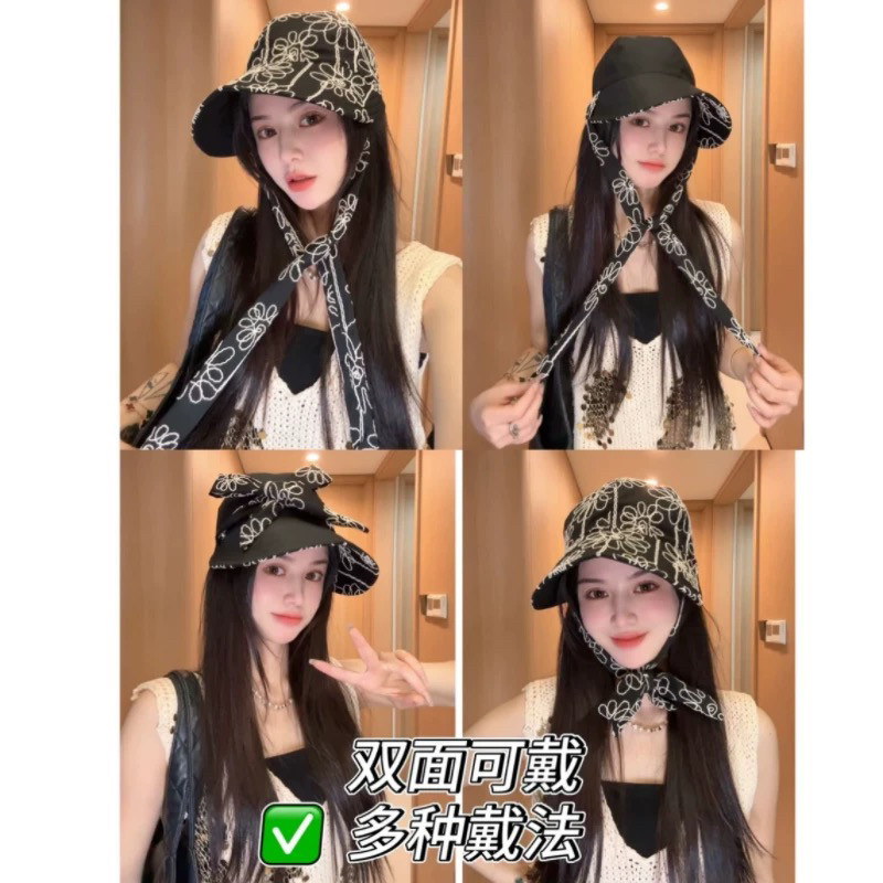 夏季百搭绑带全顶花朵刺绣帽韩版遮阳帽透气黑色渔夫帽鸭舌帽帽子