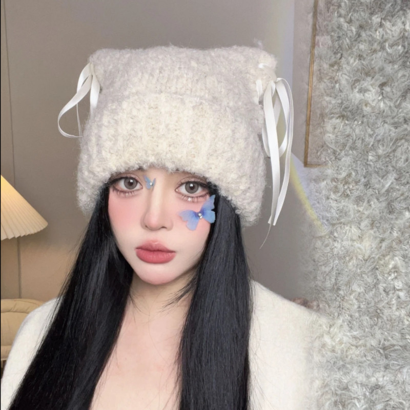 韩版甜美手工蝴蝶结丝带毛绒猫耳毛线帽子女秋冬保暖百搭针织帽潮