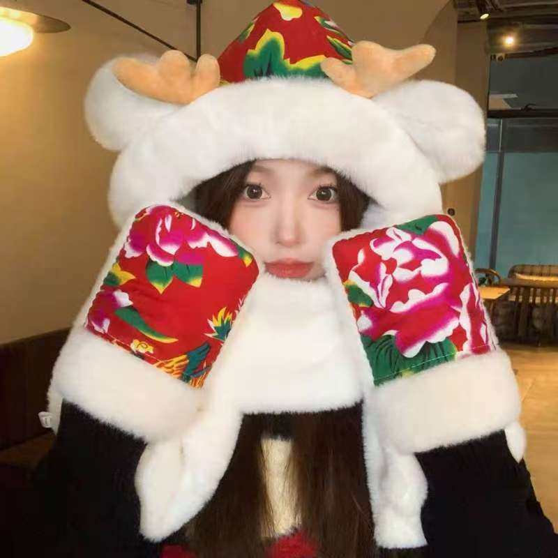 东北大花鹿角毛绒帽子围巾一体女