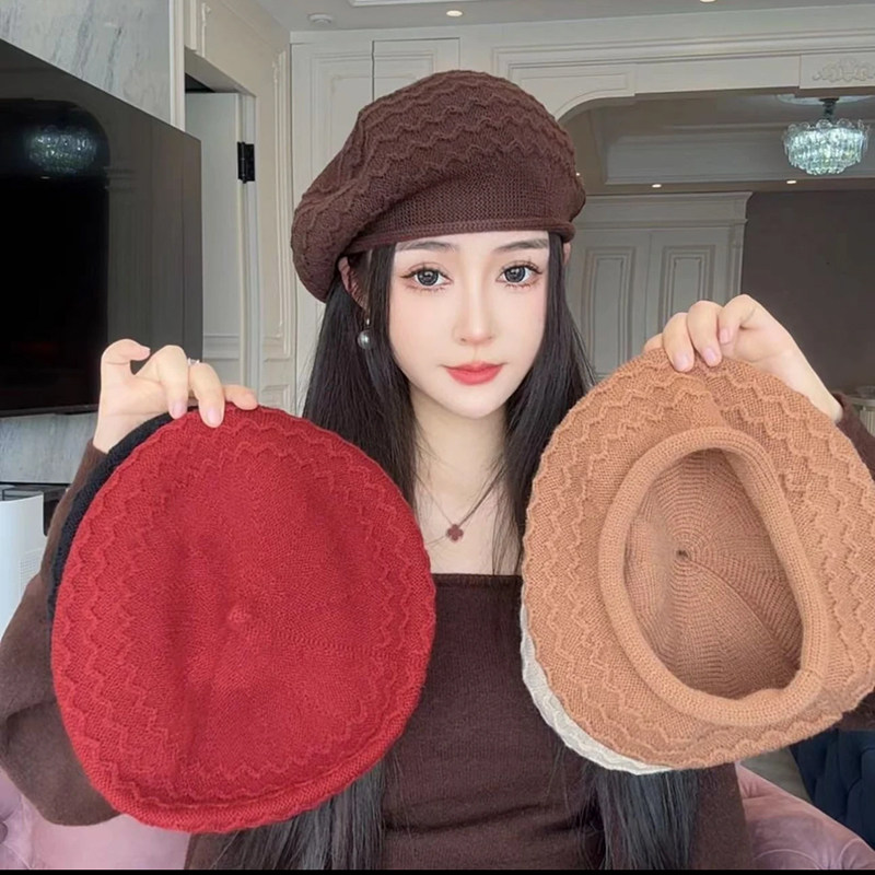 毛线贝雷帽女秋冬保暖显脸小针织