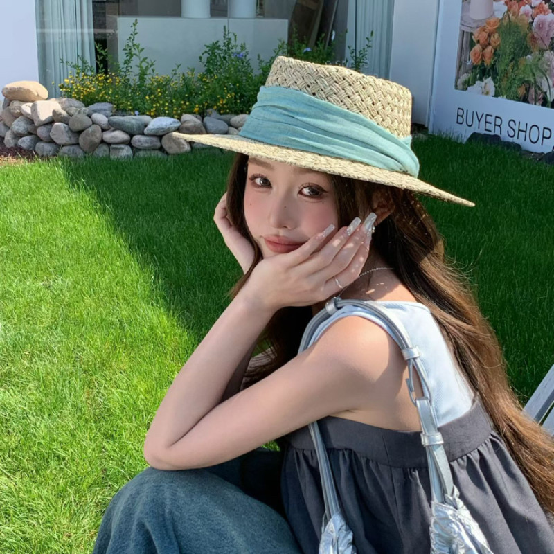 法式老钱风缎带平顶草帽女夏季