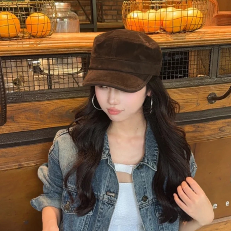 复古深棕麂皮绒平顶马术帽女