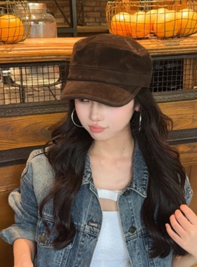 复古深棕麂皮绒平顶马术帽女