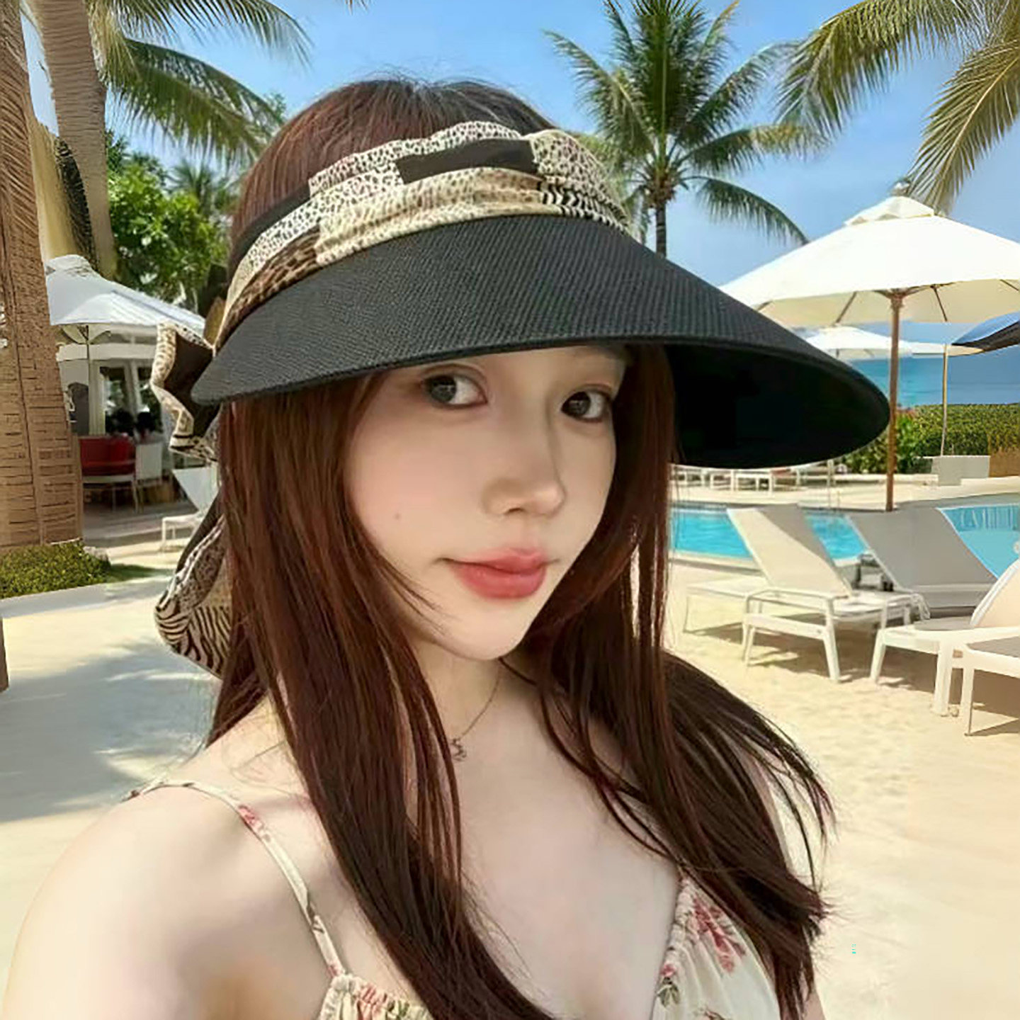 复古风拼接豹纹蝴蝶结空顶草帽女