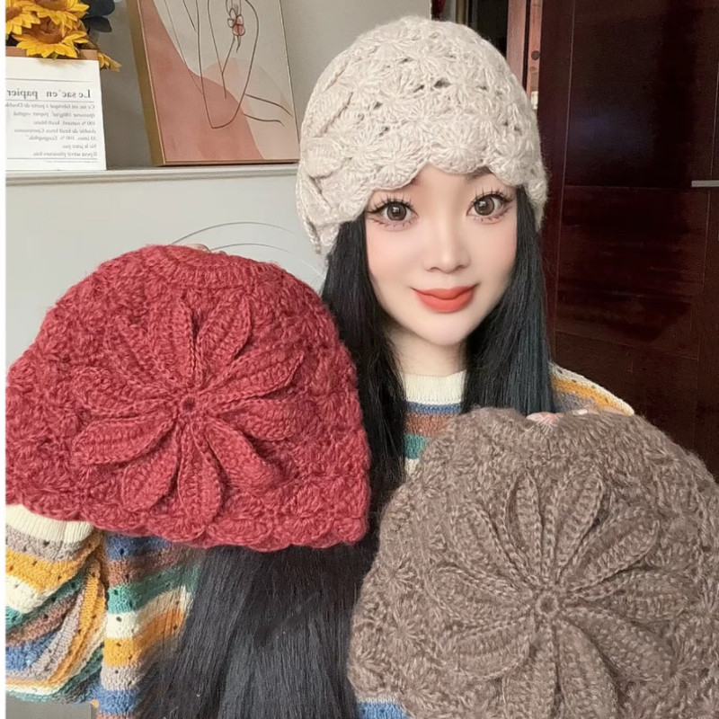 手工花苞针织包头帽子女气质优雅