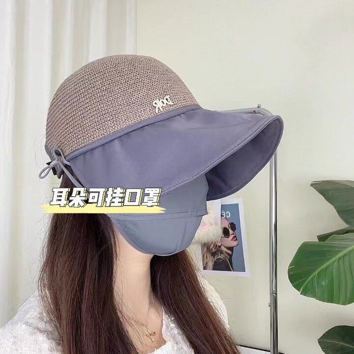 韩版拼接夏季鸭舌帽网红草编遮阳帽户外可挂口罩扎马尾防晒帽子女