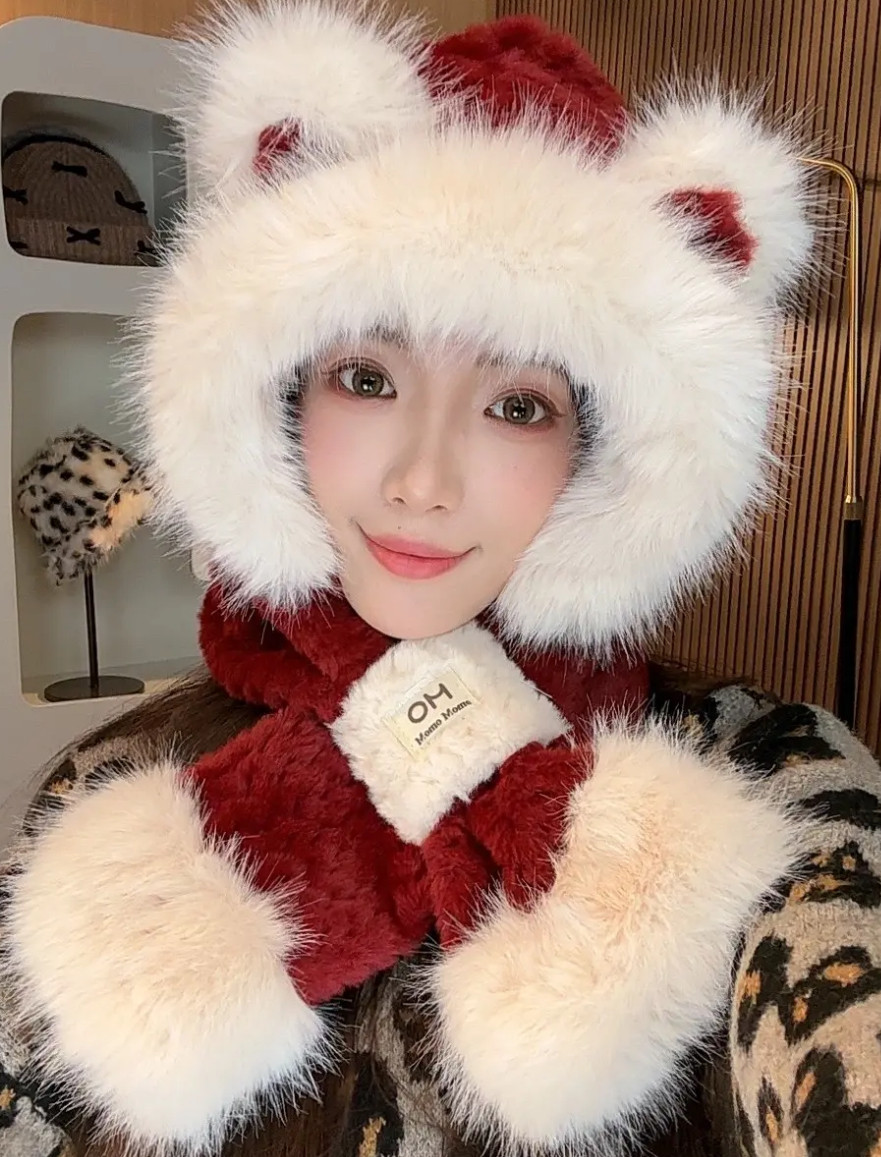 可爱小熊帽子围巾一体包头帽女款围脖秋冬季保暖护耳骑车滑雪冷帽