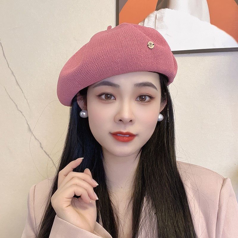 新款粉色透气贝雷帽子女夏季韩系小众百搭画家帽时尚八角蓓蕾帽潮