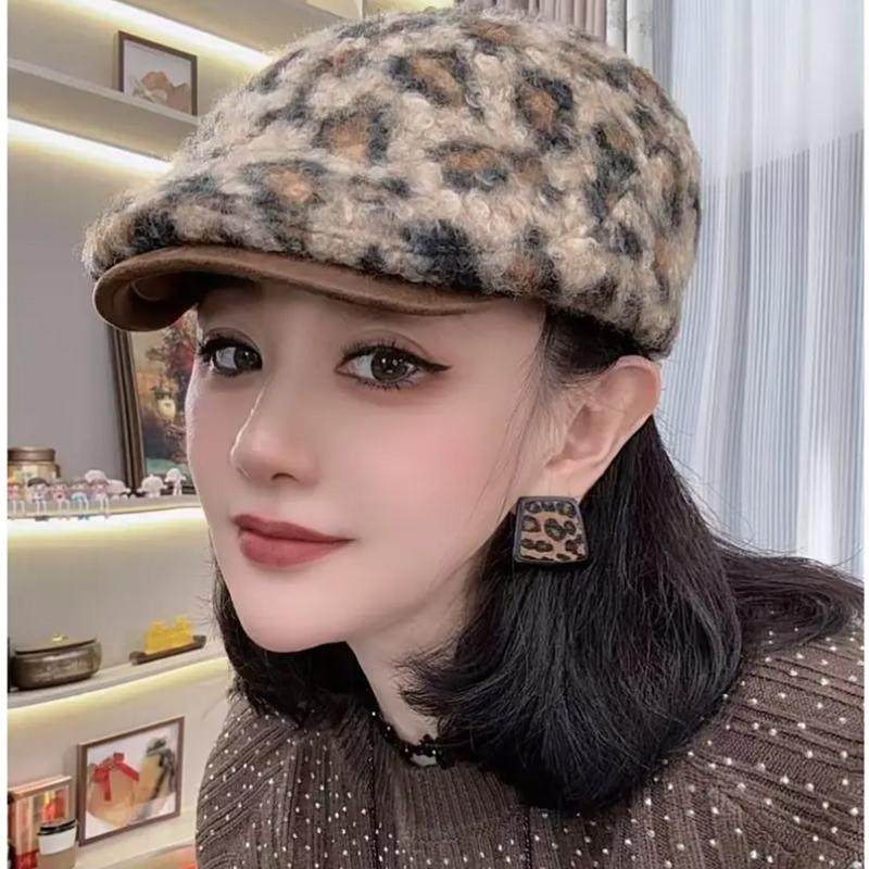 秋冬帽子女款2025款网红款豹纹复古前进帽贝雷显脸小PU帽檐画家帽