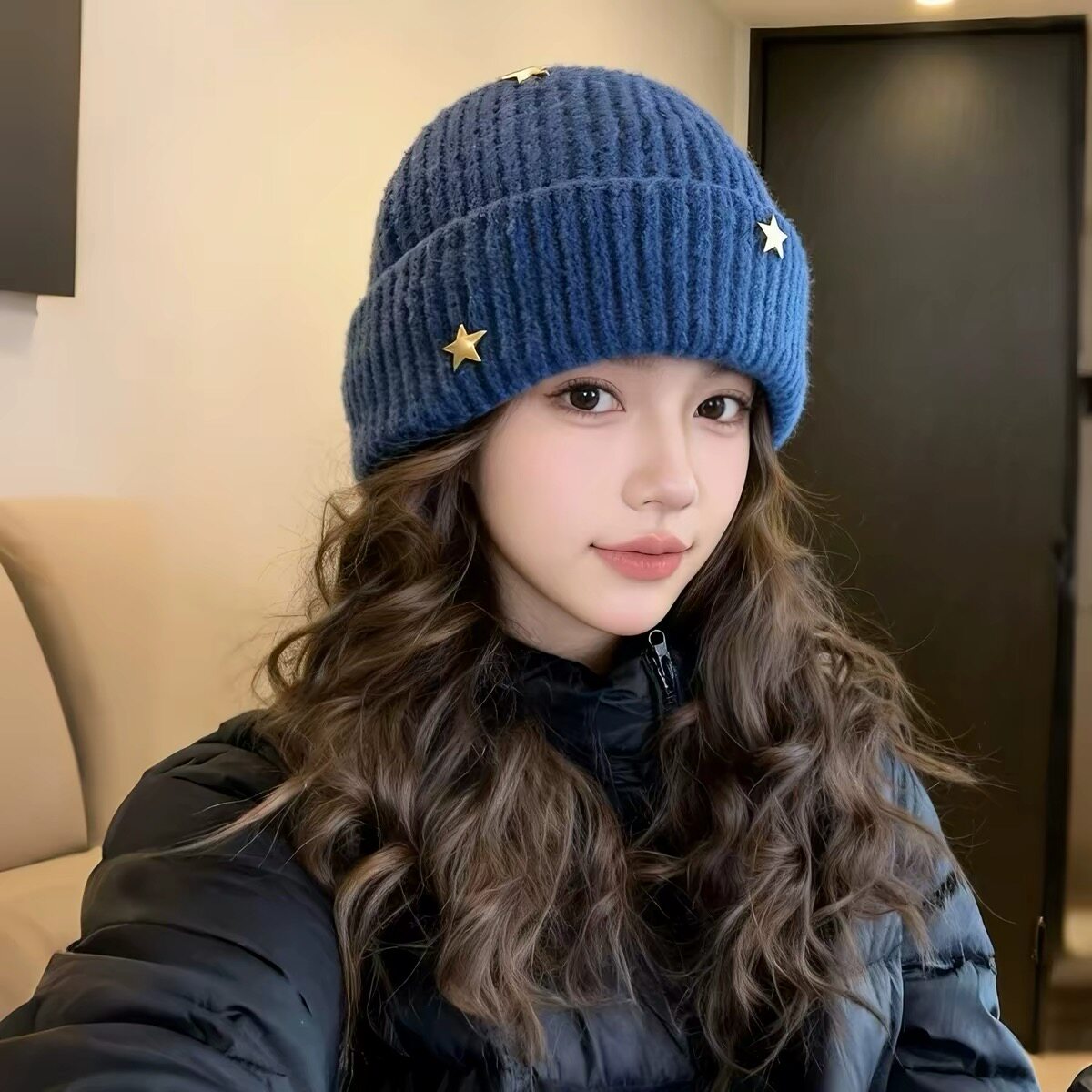 韩系蓝色立体星星针织毛线帽女