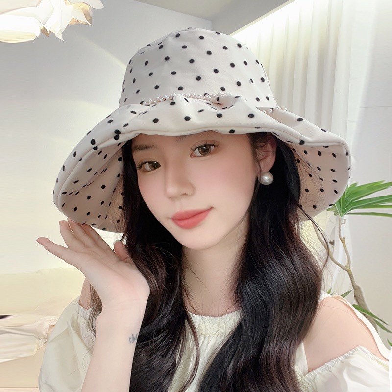 韩版可折叠渔夫帽波点珍珠链条百搭淑女风盆帽潮出游显脸小帽子女