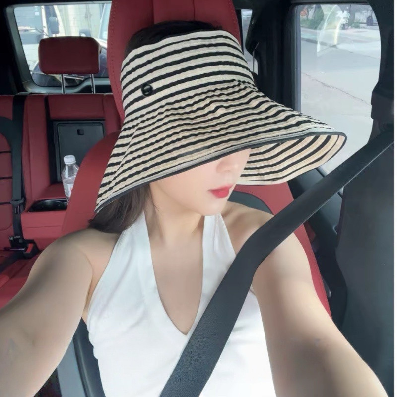 大帽檐空顶帽编织条纹蛋卷帽女夏大头围折叠防晒帽子遮阳太阳帽